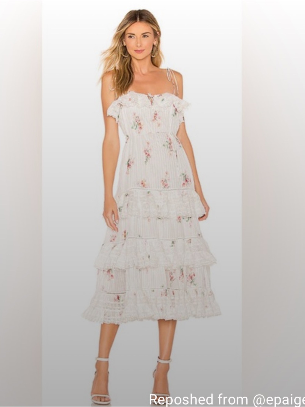 Zimmermann White Floral Pintuck Tiered Midi Dress with Pink Bouquet Print